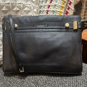 Botkier Black Leather Convertible Crossbody Clutch with Gold Accents